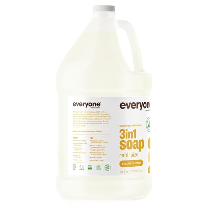 Everyone 3-in-1 Soap, Body Wash, Bubble Bath, Shampoo, 1 Gallon, Coconut and Lemon, made with Essential Oils for Men and Women