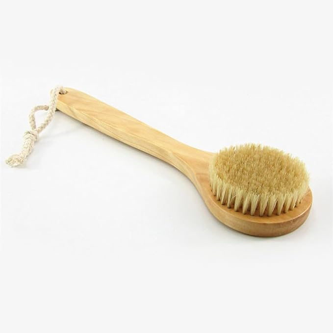 11.8“ Long Handle Dry Bath Body Brush Back Scrubber, Wooden Handle Shower Brush with Natural Boar Bristles, Good for Exfoliating, Cellulite, Detox, Blood Circulation, etc.