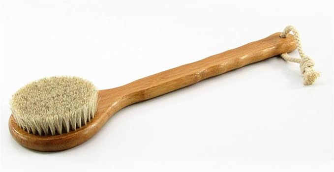 12.6” Long Handle Dry Bath Body Brush Back Scrubber, Bamboo Handle Shower Brush with Soft Horsehair Mane Natural Bristles, Great for Detox, Exfoliating, Cellulite, Blood Circulation, etc.