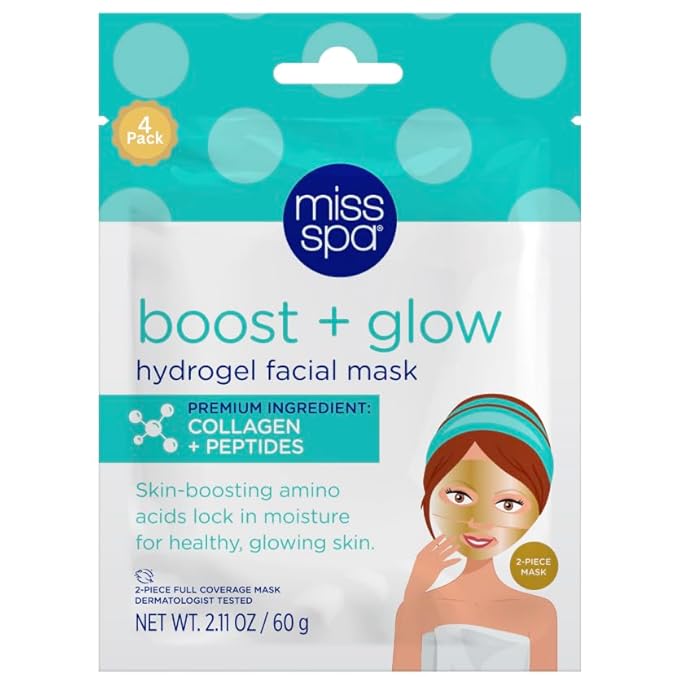MISS SPA Boost Glow Hydrogel Facial Mask Collagen & Peptide Infused Sheet Mask Moisturizing, Firming & Radiance-Boosting Skincare Treatment for Glowing Skin, Anti Aging Skin Care, 4 Pack