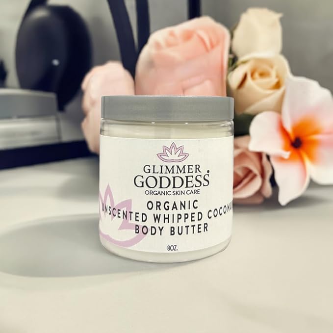 GLIMMER GODDESS Organic Vegan Whipped Coconut Oil & Vitamin E Body Butter - UNSCENTED, Moisturizing, Anti-aging, Skin Repairing, 8 oz.