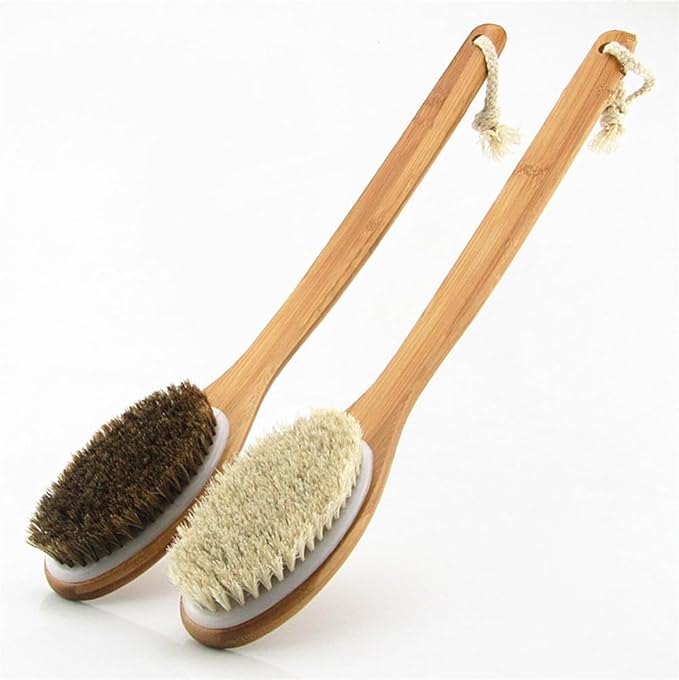 18” Extra Long Handle Dry Bath Body Brush Back Scrubber, Bent Bamboo Handle Bath & Shower Brush with Soft Dense Horsehair Mane Natural Bristles. (Brown)