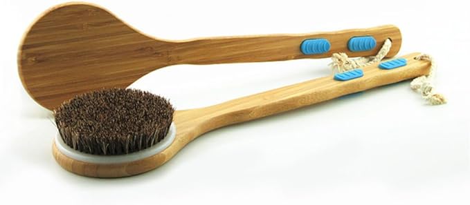 17” Extra Long Handle Dry Bath Body Brush Back Scrubber, Anti-Slip Bamboo Handle Bath & Shower Brush with Soft Dense Horsehair Mane Natural Bristles. (White)