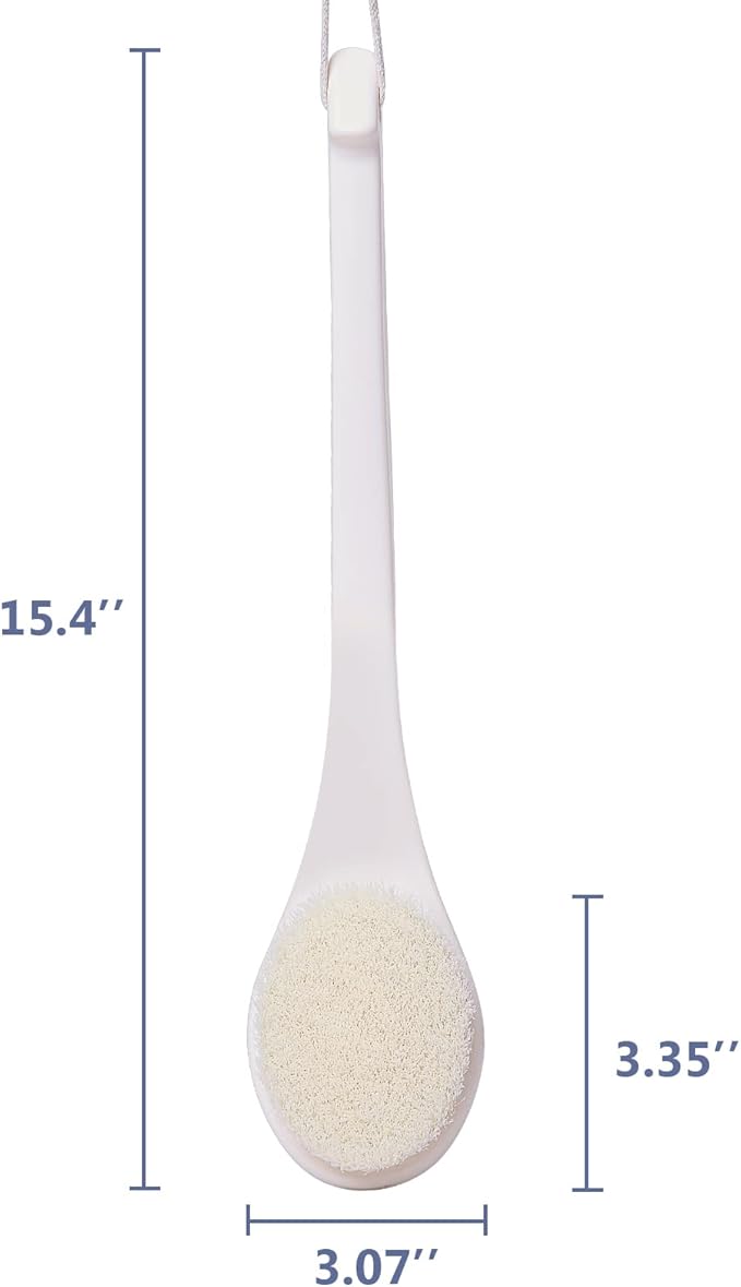 Bath Brush Long Handle for Shower, Soft Bristle Back Scrubber for Shower, Ergonomics Curved Long Handle Back Brush Exfoliating Body Scrubber with Hook and Lanyard-Cream White