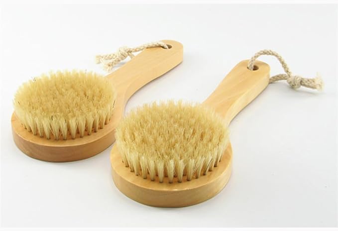 Wooden Short Handle Dry Body Brush Scrubber, 7.87 Inch Natural Bristles Bath & Shower Brush Scrubber.