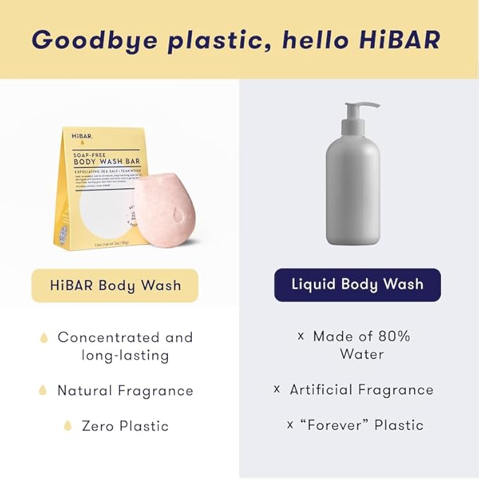 HIBAR - Exfoliate Solid Body Wash Bar - Revive & Restore - With Bamboo Powder & colloidal oat - Daily Use & Sensitive Skin - Plastic, Paraben & Soap-Free - Vegan - Sea Salt + Teakwood