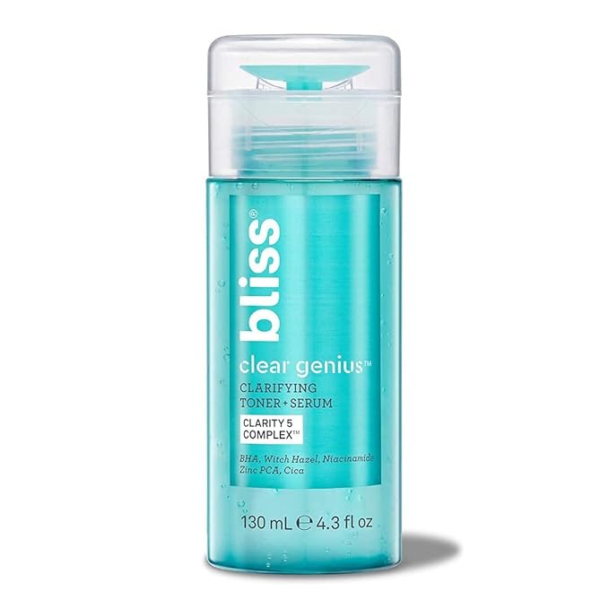 Bliss Clear Genius Clarifying Toner + Serum - 4.3 Fl Oz - Purifies Pores, Tones, Calms & Clears Skin - Salicylic Acid, Niacinamide & Witch Hazel - Clean Paraben Free - Vegan & Cruelty-Free