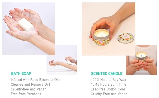 4PC Rose Water Lotion Gift Set: Hand & Foot Cream, Soap, Scented Candle - Body Care for All Skin Types Skin Care Gift Set for Women, Mothers Day Gifts for Mom Gifts, Birthday Christmas Gifts for Women