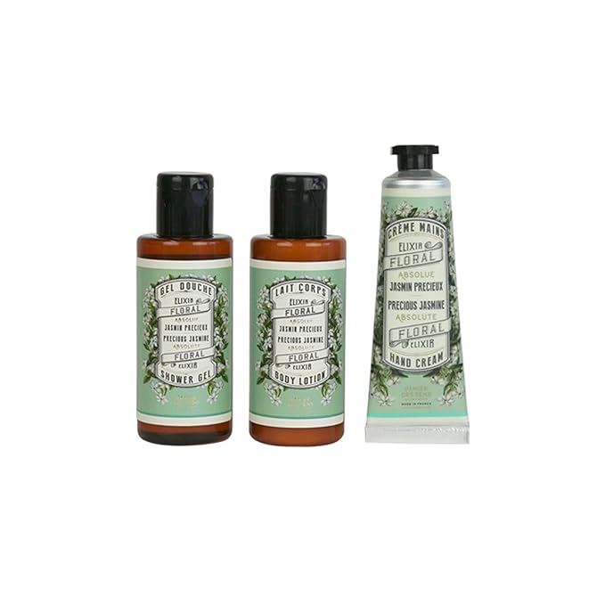 Panier des Sens - Travel Pouch Jasmine Gift Set - Shower Gel 3.3 fl oz + Body Lotion 3.3 fl oz + Hand Cream 1 fl oz - 97% Natural Ingredients - Made in France, Vegan Friendly Body Care