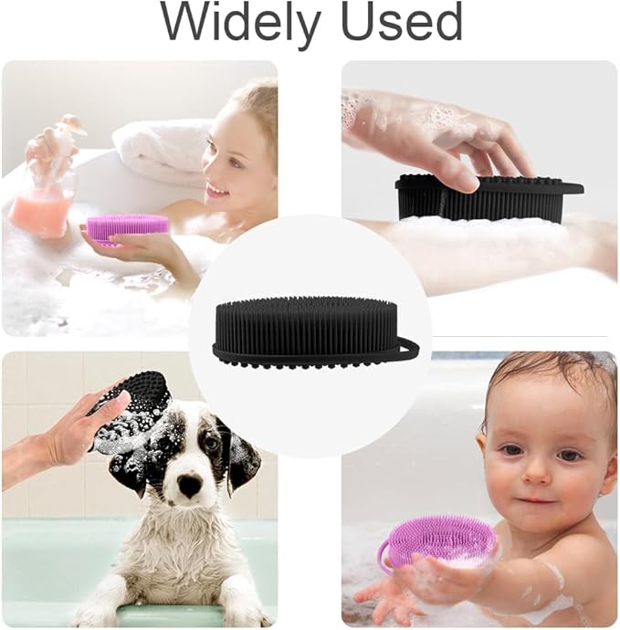 Soft Silicone Body Shower, Exfoliating Silicone Body Scrubber, Silicone Loofah 2 in 1 Bath and Shampoo Brush, Body Scrubber Shower Easy to Clean for Sensitive Skin, Lather Well 2 PCS Black and Purple