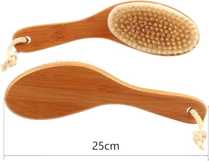 Curved Handle Dry Bath Body Brush Scrubber with Natural Bristles, 9.84 Inch Wood or Bamboo Handle Shower Brush for Detox, Exfoliating, Cellulite, etc. (White Horsehair Bamboo Handle)