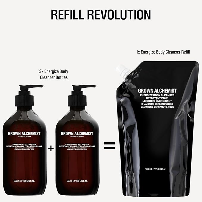 Grown Alchemist Energize Body Cleanser Bundle: Chamomile, Bergamot & Rose Bodywash/Soap (300mL + 1L Refill)