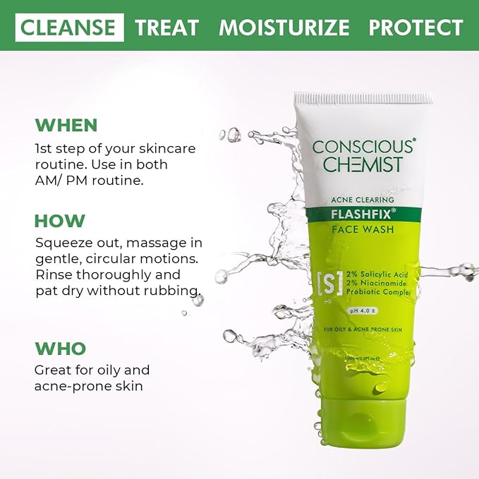 Conscious Chemist® 2% Salicylic Acid Face Wash | 100ml | Face Wash for Oily & Acne Prone Skin for Men & Women, Glycolic Acid & CICA Extract, For Glowing & Radiant Skin, Vegan & Cruelty Free - Flashfix