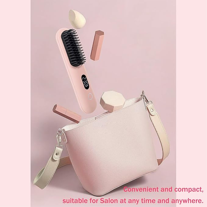 OUEST Cordless Hair Straightener Brush, Portable Mini Straightener Flat Iron, Ceramic Hot Comb with Negative Ions for Women, Lightweight Heated Hair Brush for Travel, Pink