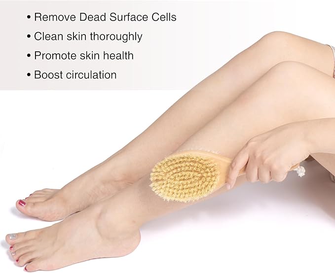 Short-Handle Dual-Sided Bath Massage Brush, Soft Boar & Firm Sisal Bristles, Portable (Natural Beech Wood)