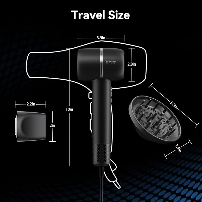 Ionic Hair Dryer Fast Drying, Thermo-Control Professional Blow Dryer, Low Noise, Lightweight, Magnetic Diffuser and Concentrator for Curly & Straight Hair, 160000 RPM High-Speed Brushless Motor, Black