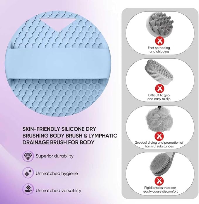 Silicone Body Scrubber - Anti Zinc Infused-Stiff and Soft Bristles,Exfoliating Body Wash Scrubber,Loofah Shower Scrubber for Body,Lymphatic Drainage,Blood Circulation and Lather Well - Azure