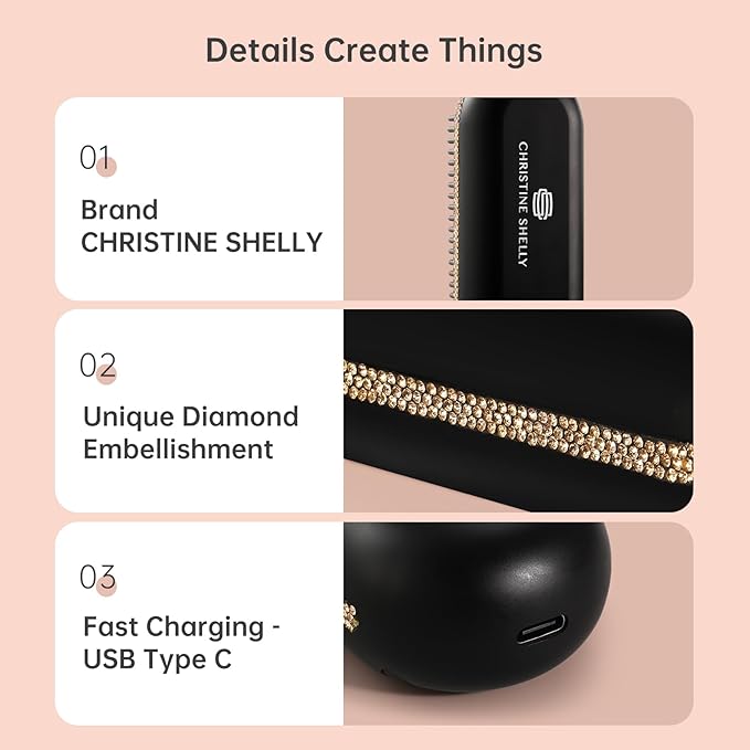 Cordless Hair Straightener Brush, Go Brush Pro, Portable Crystal Diamond Bling Mini Straightening Brush for Travel, Negative Ion Hot Comb with 9 Temps, Anti-Scald Ceramic, Fast Charging for Women