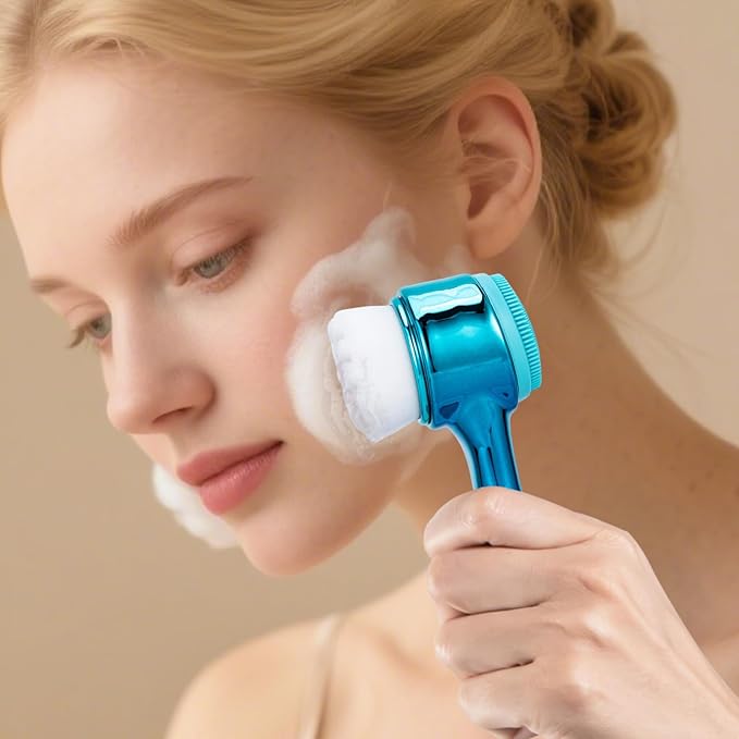 Face Brush 2 in 1, Facial Cleansing Exfoliating Scrubber Brush, Silicone Double Side Manual Face Wash Scrub Brush with Soft Fiber for Deep Pore Cleansing, Massaging, Skin Care,Gradient Blue