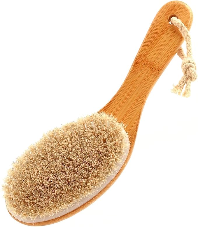 Curved Handle Dry Bath Body Brush Scrubber with Natural Bristles, 9.84 Inch Wood or Bamboo Handle Shower Brush for Detox, Exfoliating, Cellulite, etc. (Beige Boar Bristles Bamboo Handle)