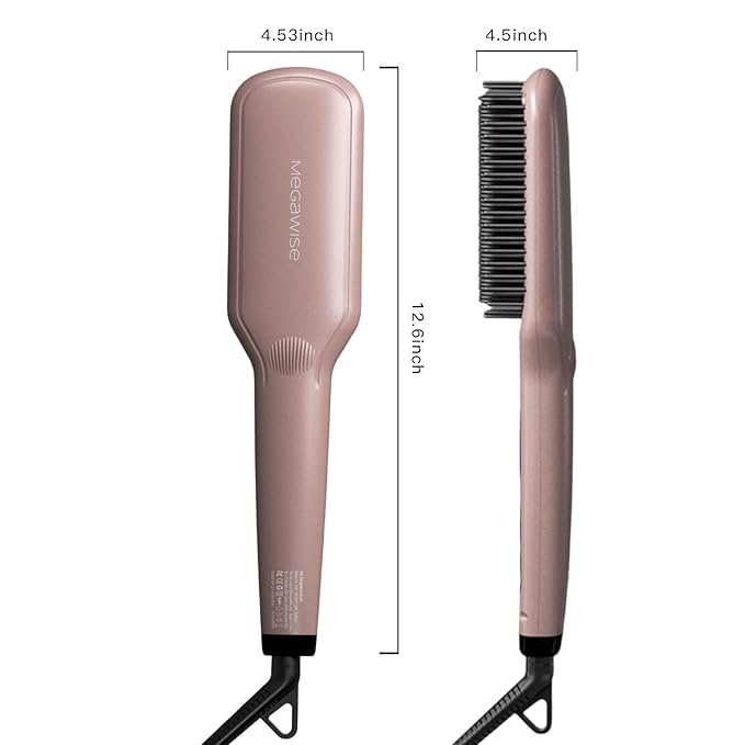 Updated 2025 MEGAWISE Hair Straightener Ceramic Brush ; Anti-Scald Dual Voltage Flat Iron Hot Brush | Rotatable Cord |Auto Shutoff | Anti-frizz |for All Hair Types (Pink)