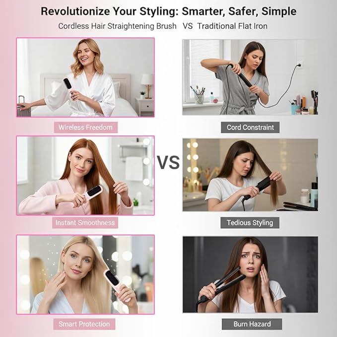 New Go Brush Pro 2025 Cordless Hair Straightener Brush - 20s Fast Heat Up, 50 Min Runtime, 199M Frizz-Fighting Ions, 4-Temp & LED, 3200mAh USB-C, Auto Shut-Off, Travel-Friendly (Pink)