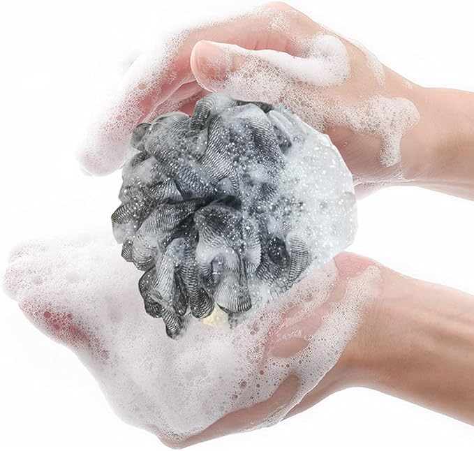 Shower Sponge Loofah Back Scrubber, Soft Mesh Body Scrubber with Wooden Handle, Bath Sponge for Women Kids (Black)