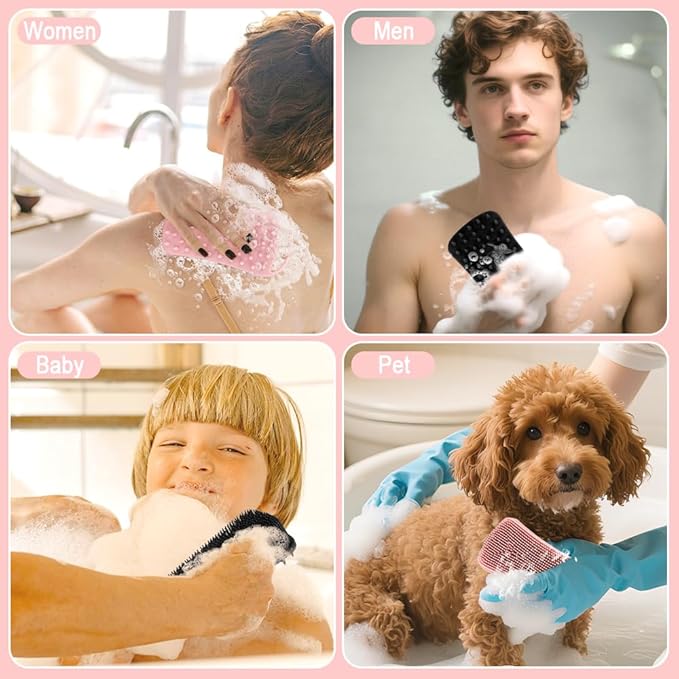 Silicone Body Scrubber, 2 in 1 Soft Silicone Loofah 2 Pack Exfoliating Body Scrubber Loofah for Women Men, Body Scrubber Shower Bath Shampoo Brush with Loop for Sensitive Skin Lather Well, Black &Pink