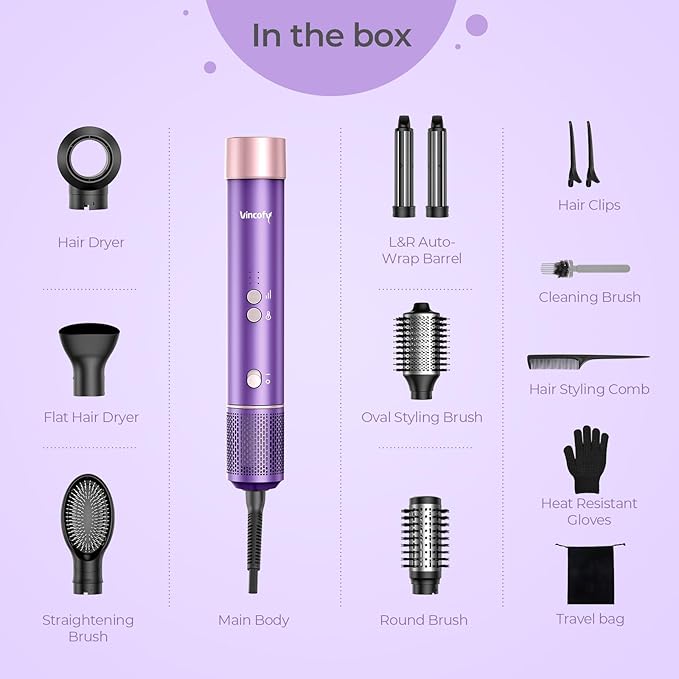 7 in 1 Blow Dryer Brush Set – Hot Air Styler for Fast Drying, Curling, Straightening & Volumizing – Ionic Hair Dryer Brush with 1500W Power – No Heat Damage for All Hair Types – Lilac
