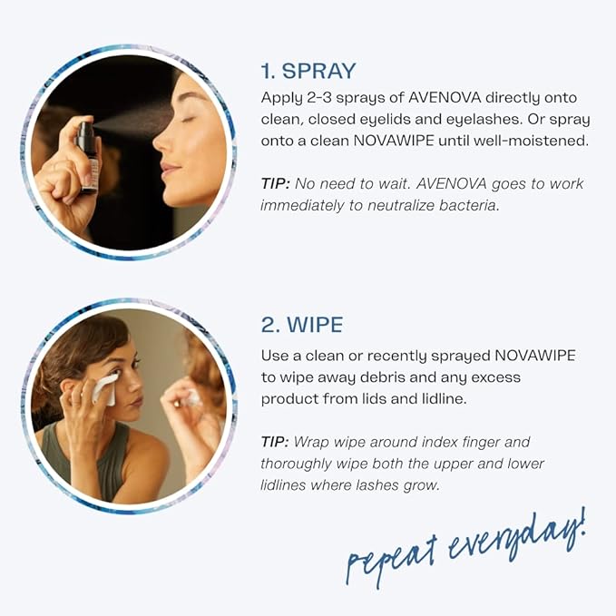 Avenova Eyelid and Eyelash Cleanser Spray & Wipe Kit - Kit with Gentle Cleansing Hypochlorous Acid Spray & 30 Dry Eyelid Wipes for Eye Irritation