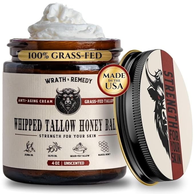 Organic Beef Tallow for Skin - 4 OZ (Unscented) β Grass Fed Beef Tallow for face + Body β US-Made Whipped Tallow and Honey Balm Moisturizer for Dry and Sensitive Skin, Eczema, Rosacea (No Additives)