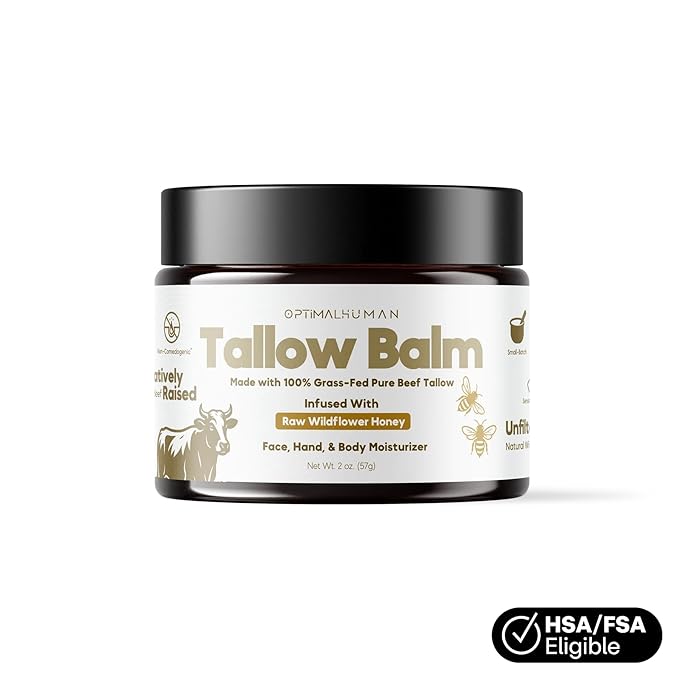 O H Grass-Fed Tallow Balm With Raw Honey - For Sensitive, Dry Damaged Skin - Face, Hand, and Body Moisturizer - Optimal Human