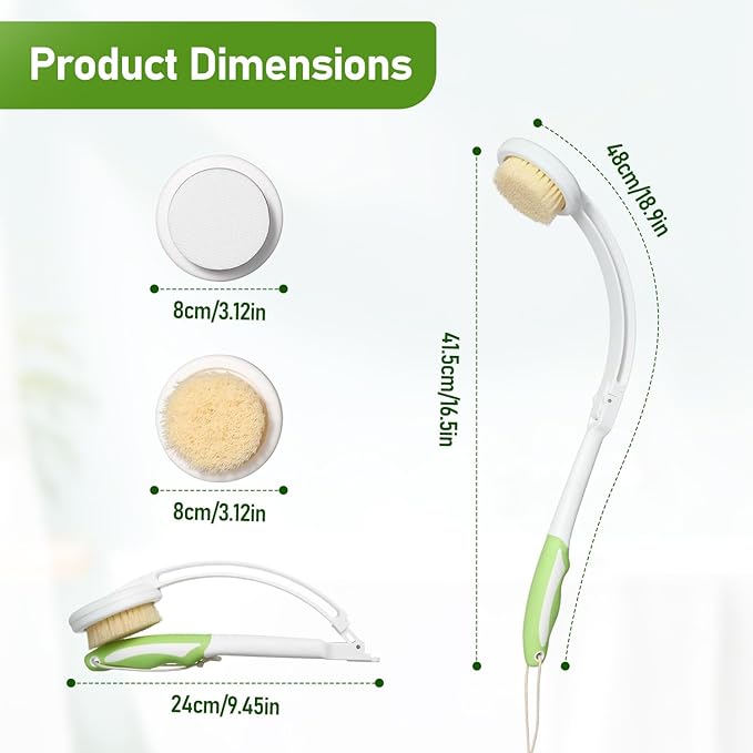 Fanwer 3 in 1 Lotion Applicator for Back Self Elderly & Back Bath Brush for Shower for Men and Women with Long Handle, 18.9in Curved Long Handled Shower Body Brush, Back Scrubber for Shower