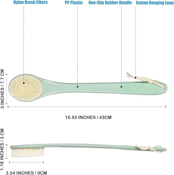 17-Inch Back Scrubber for Shower, Anti-Slip Exfoliating Body Brush for Bath, Gentle Back Brush for Shower for Men, and Women, Cleaning Skin for Smooth, Glowing Skin (Pea Green)