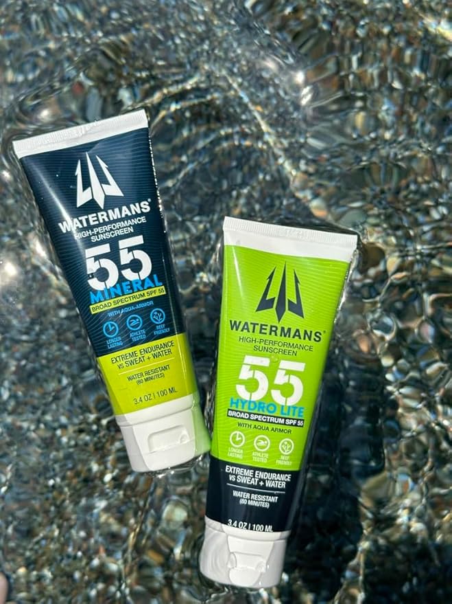 Watermans Mineral SPF 55 Sunscreen with Zinc, Aqua-Armor, Broad Spectrum Sunscreen for Face and Body, Reef Safe Sunscreen, Water Resistant, Mineral Sunscreen