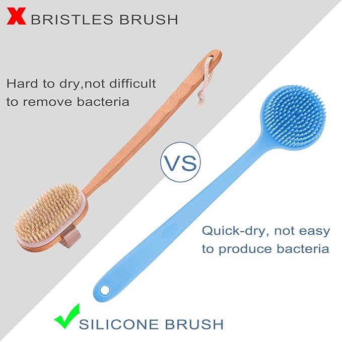 Generic Silicone Bath Brush Long Handle Double Sided Soft Hair Bath Scrub Massage Brush Lazy Back Rubbing Artifact Thickened Body Brush, Blue
