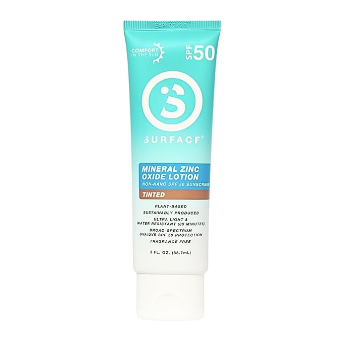 Surface Mineral Sunscreen Lotion SPF 50, Lightweight Non-Nano Zinc Oxide Formula, Reef Friendly, Broad Spectrum UVA UVB Protection, Water Resistant Sun Care for 80 Minutes Outdoor Use, Tinted, 3oz