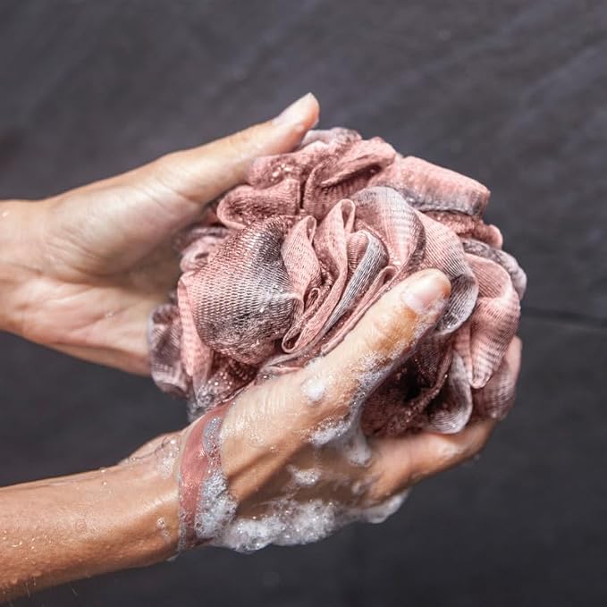 Toem® Loofah Back Scrubber for Shower | Bamboo Charcoal Fiber Infused | Loufas for Men & Women | Includes 1 Long Handled Shower Sponge, 1 Bath & Shower Luffa Pouf & 1 Hook to Hang Stuff (Rose Pink)