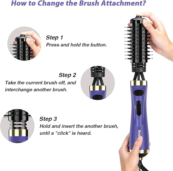 Beautimeter Hair Dryer Brush, Rotating Blow Dryer Brush with 2-Inch and 1.5-Inch Brushes, 3 in 1 Hot Air Styler and Rotating Brush, Hair Dryer Brush Blow Dryer Brush in One (Purple)