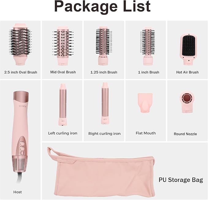 9-in-1 Multi Hair Styler | Air Styling & Drying System | Powerful Blow-Dry Brush | Heat Damage-Free | L/R Automatic Wrap Curlers, Oval Comb, Round Brush, Comb, Flat Nozzle & Storage Pouch