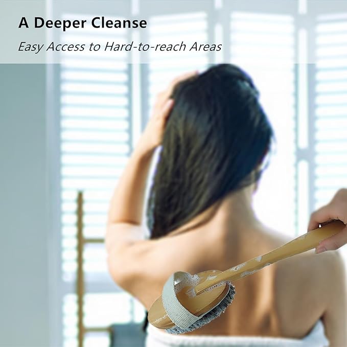 Dry Brushing Body Brush, Exfoliating Back Scrubber Natural Horsehair Bath Brush with 16.5” Long Handle Detachable for Shower, Skin Exfoliation, Cellulite and Lymphatic Improvement Gift
