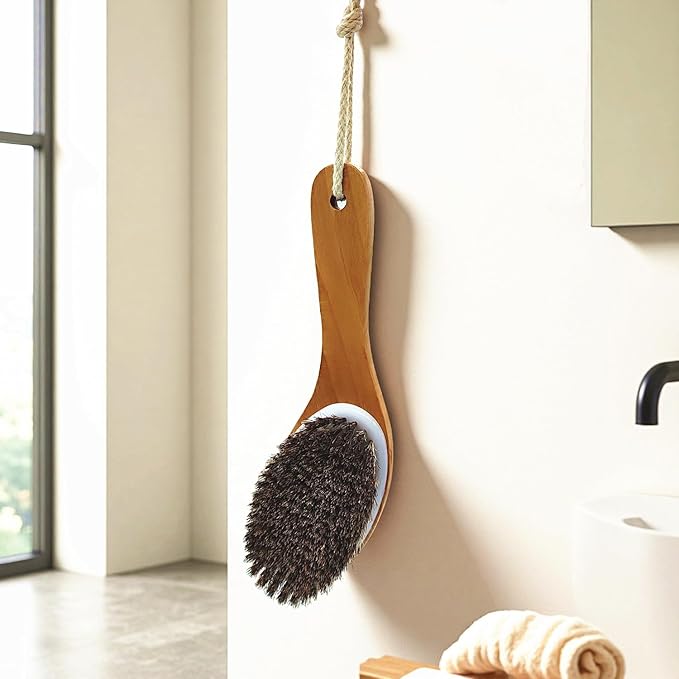 Dry Brushing Body Brush, Natural Horsehair Exfoliating Body Scrubber Bath Brush with 9.8” Curved Wooden Handle for Shower, Gentle Skin Exfoliation, Cellulite and Lymphatic Improvement Gift