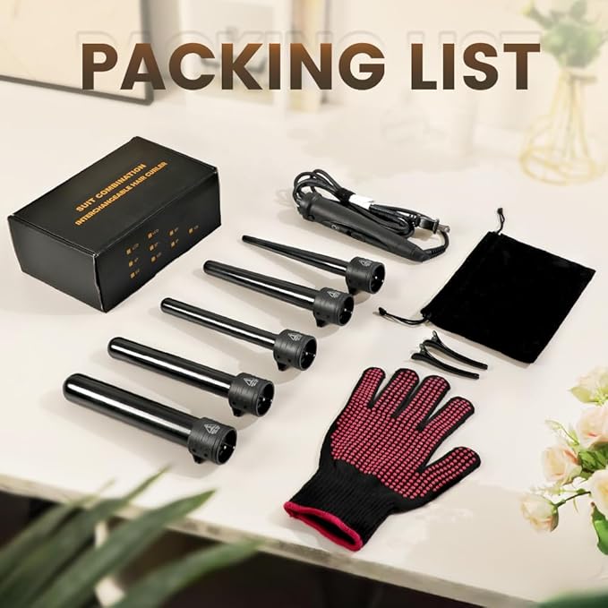5 In 1 Curling Wand Set, Curling Iron Interchangeable Ceramic Barrels (0.35-1.25 Inch), Heating Hair Curler Kit with Protective Glove & 2 Clips Ceramic Coated for All Hair Types, Gift for Girls, Women