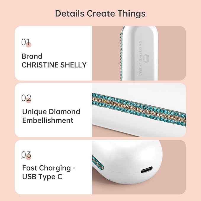 Cordless Hair Straightener Brush, Go Brush Pro, Portable Crystal Diamond Bling Mini Straightening Brush for Travel, Negative Ion Hot Comb with 9 Temps, Anti-Scald Ceramic, Fast Charging for Women