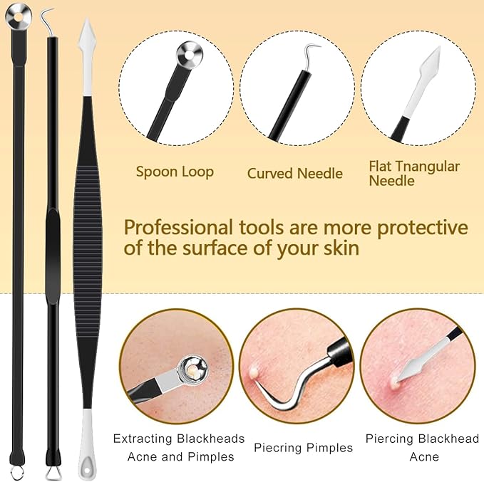 10pcs Pimple Popper Tool Kit Stainless Steel Blackhead Remover Tool Comedones Extractor for Forehead Facial Nose Lightweight Acne Needle Tool with Metal Case for Travel Home Use
