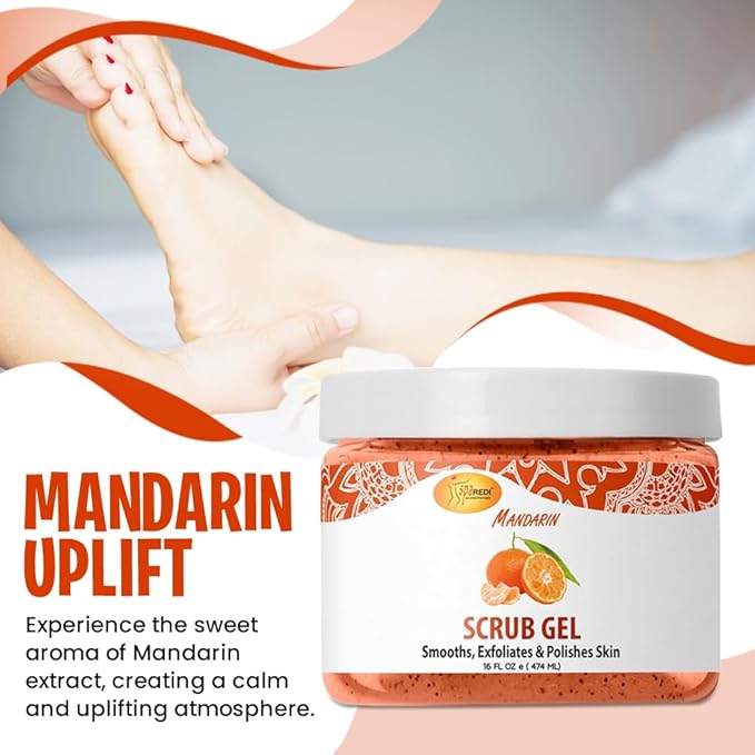 SPA REDI - Exfoliating Scrub Pumice Gel, Mandarin, 16 Oz - Manicure, Pedicure and Body Exfoliator Infused with Hyaluronic Acid, Amino Acids, Panthenol and Comfrey Extract