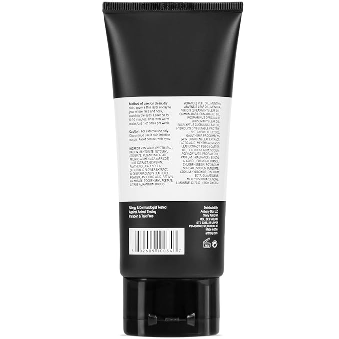Anthony Deep Pore Cleansing Clay, 3 Fl Oz, Contains Kaolin and Bentonite Clays, Apricot Oil, Calendula, Vitamins A, C, and E, Removes Dirt, Sweat, and Oil While Deep Cleansing and Exfoliating Skin