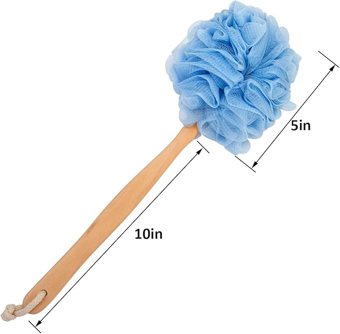 Loofah Back Scrubber for Shower, Wooden Long Handle Bath Sponge Lufa Shower Brush, Soft Nylon Mesh Back Cleaner Washer, Women & Men Exfoliating Luffa Pouf on a Stick for Body (Blue)