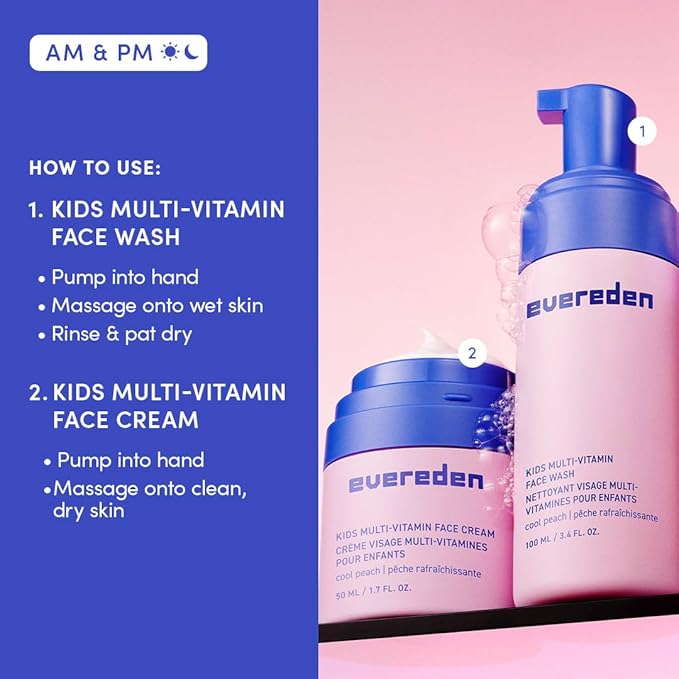 Evereden Kids Happy Face Duo (Cool Peach) - Multi-Vitamin Face Wash & Face Cream Set - Clean & Vegan Skin Care for Kids 3+ - Moisturizing, Nourishing, & Protective Skin Care Set