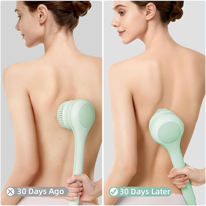 Electric Body Brush Back Scrubber for Shower, Waterproof Long Dual Handle Power Body Scrubber with 3 Heads, Rechargeable Bath Brush & 2 Speeds, for Cleansing, Exfoliating and Massaging Skin